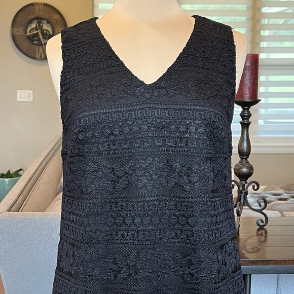 CeCe Black Dress 10 Black Lace Overlay Lined Pleated Hem Cocktail Sleeveless M - Picture 3 of 15